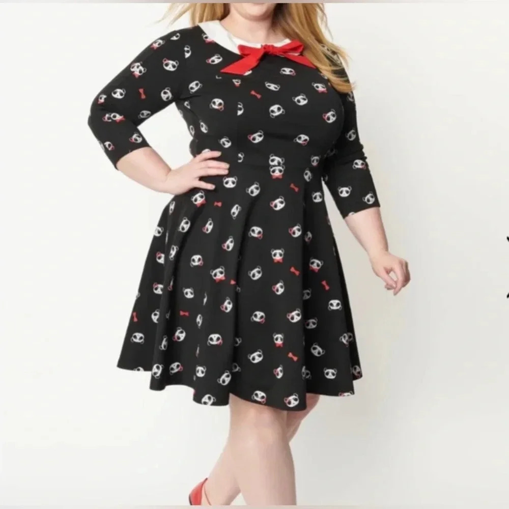 🦋B2G1🦋UNIQUE VINTAGE Black & Panda Print Wednesday Flare Dress NWT | X-LARGE